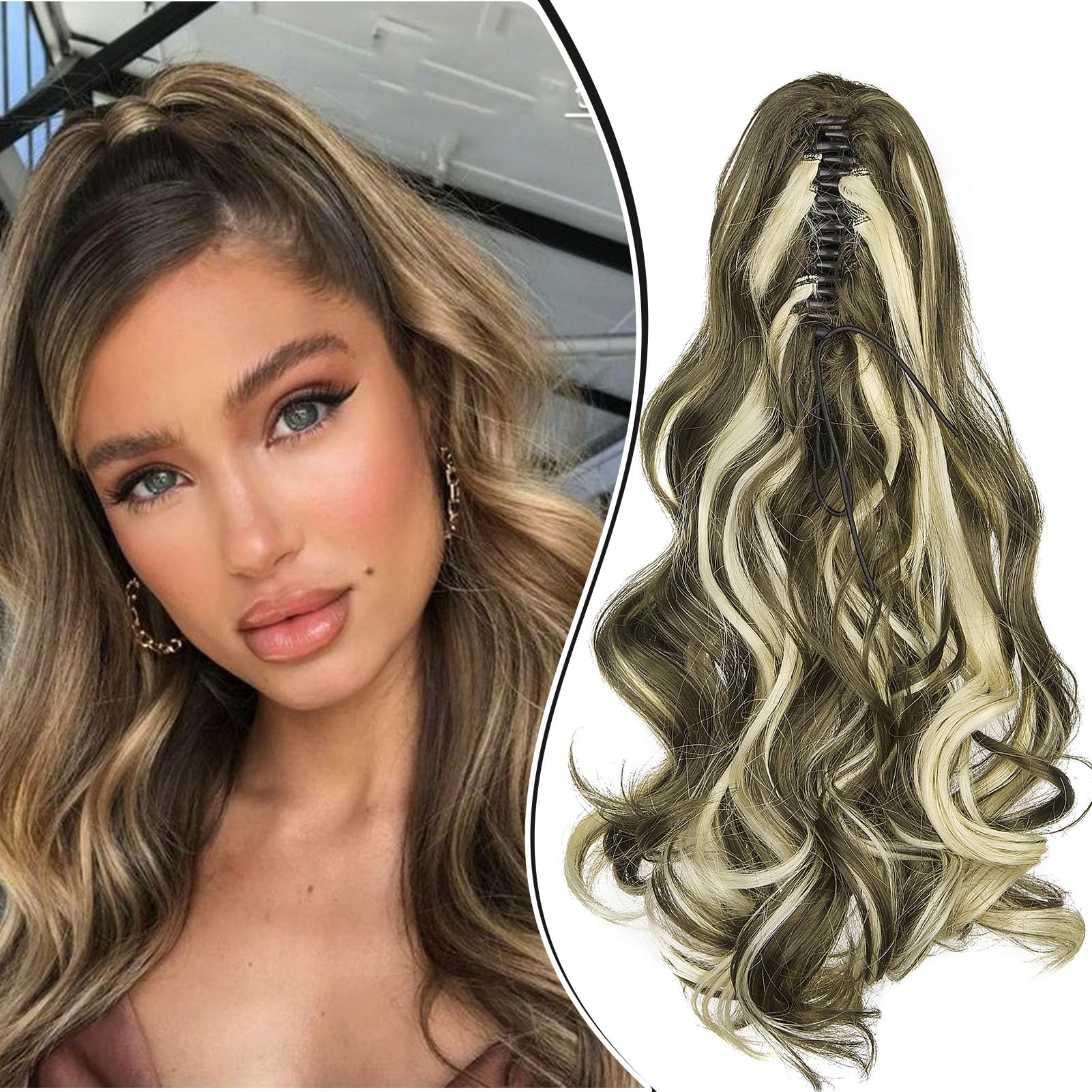 Dcbaboo 18inch Claw Clip in Ponytail Hair Extensions Long Wavy Ponytail Extension Curly Synthetic Pony tails Natural Wave One Piece Hairpiece Fake Ponytail for Women, Ash Blonde/Bleach Blonde — image 1