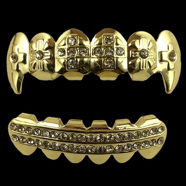 Top Class Jewels 24K Plated Gold Grillz With Fangs And Diamonds For