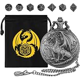 Mini DND Dice Set with Steampunk Dragon Pocket Watch Shell Case, 7pcs Polyhedral Metal DND Dice Set, DND Starter Set, D&amp;D Gifts with Dragon Logo Gift Bag, Role Playing Board Games Accessories, Silver