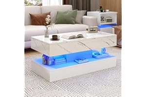 chartustriable 39.4" Large High-Glossy LED Coffee Table with 2 Sliding Drawers, Living Room Storage Coffee Tables with Marbling Print, Modern Stylish Double-Layer Center Tables w/LED Lights, White