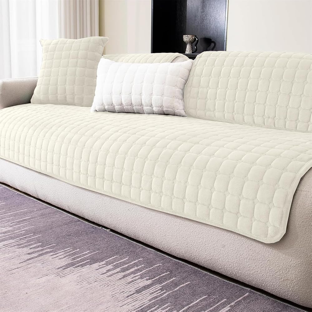 LINGKY Soft Flannel Sofa Covers 1 2 3 Seater Non-Slip Beige White 70x70cm