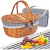Wicker Picnic Basket with Handle, 15" Large Picnic Basket with Lid & Removable Liner, Vintage Hand Woven Basket with Blanket for Picnics, Camping, Thanksgiving, and Birthday