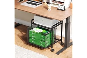 JKsmart Under Desk Storage, Printer Stand with Drawer, Rolling File Cabinet with Adjustable Table Top, 2 Tier Industrial Shelf on Fixed Feet Wheels, Sofa Side Table Organizer for Home, Office, Black