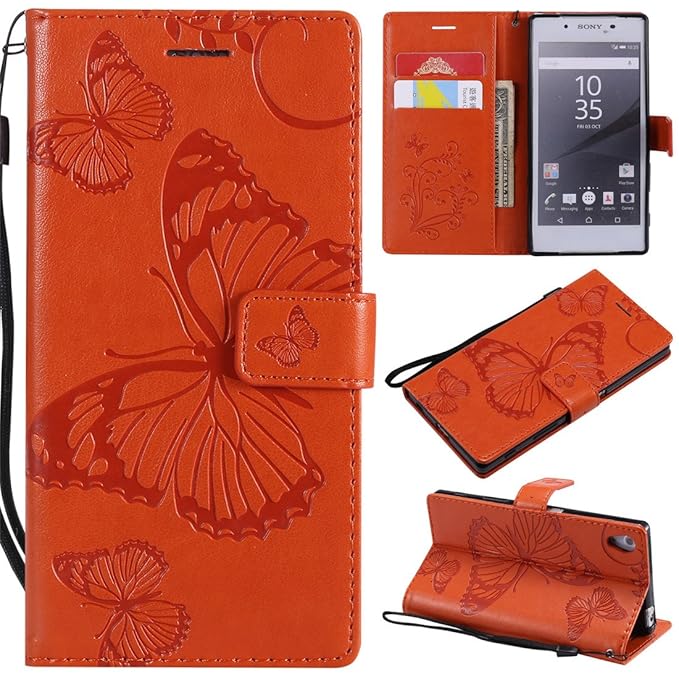 Hozor Sony Xperia Z5 Handyhülle, Retro Großer Schmetterling Muster PU Kunstleder Ledercase Brieftasche Kartenfächer Schutzhül
