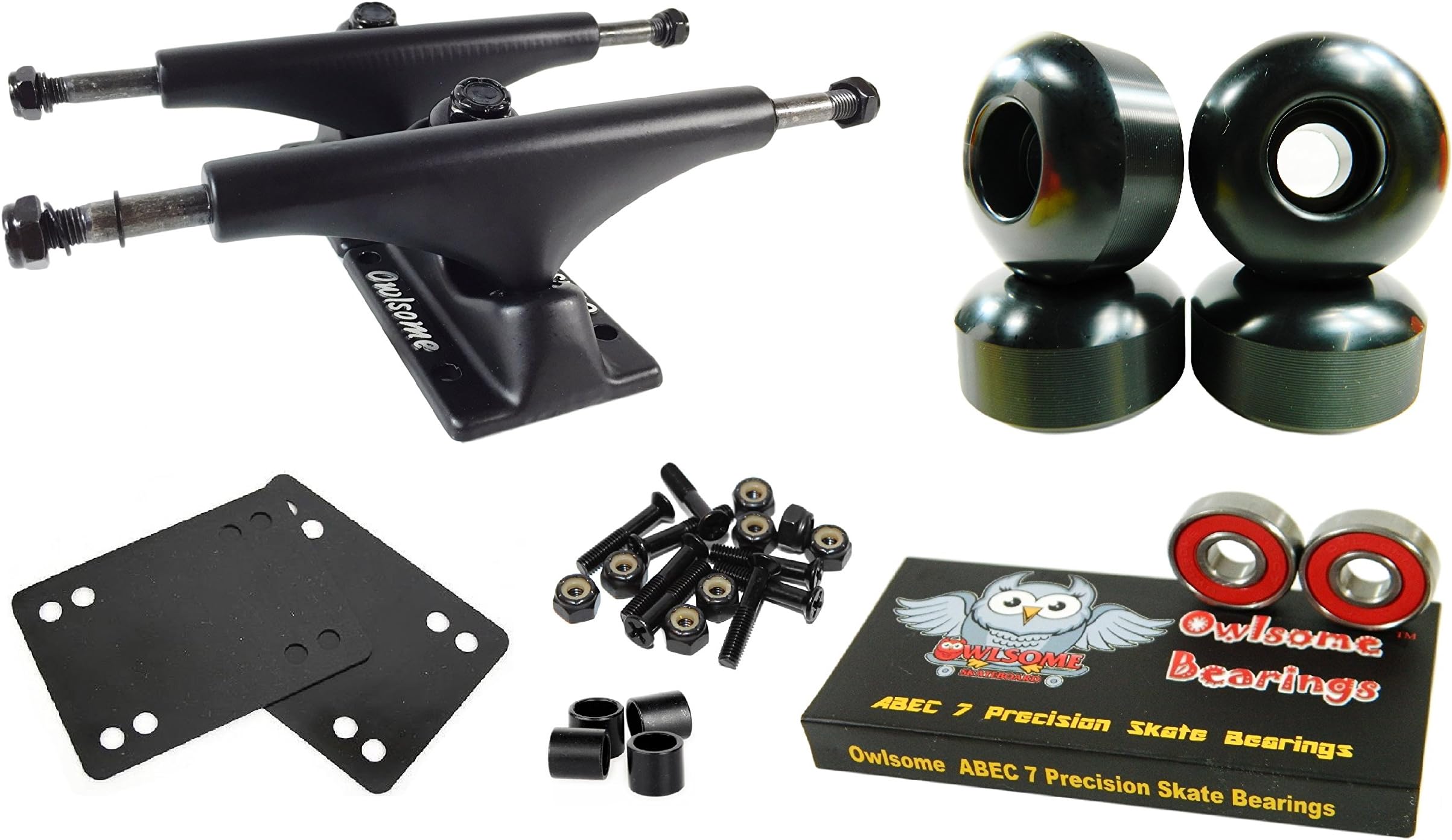 Owlsome 5.0 Black Aluminum Skateboard Trucks w/ 52mm Wheels Combo Set