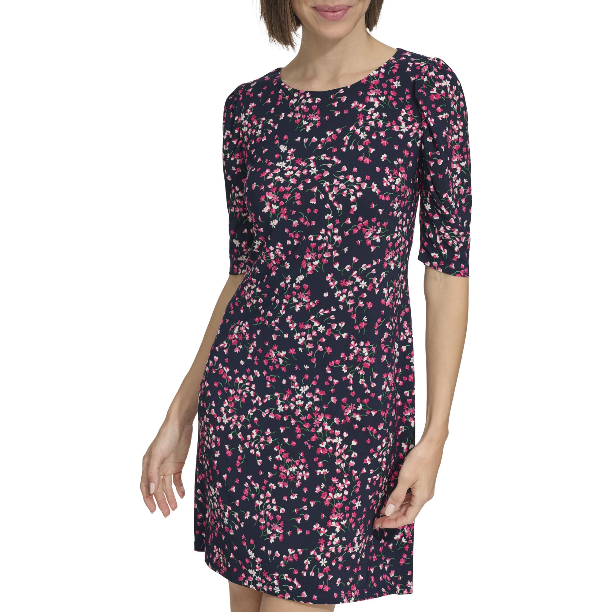 Tommy Hilfiger Women’s 1/2 Sleeve Boat Neck Cotton Shift Mini Dress, Sky Captain/Hot Pink, 10
