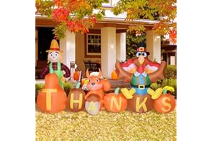 Rocinha 8FT Thanksgiving Inflatable Turkey with Scarecrow Squirrel Pumpkin Outdoor Decoration Blow up Turkey for Thanks Build-in LEDs Fall Harvest Yard Decor