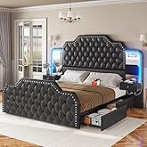 Itaar Queen Bed Frame with 53" Tall Headboard and 4 Storage Drawers, PU Leather Upholstered Platform Bed Frame, Built in Charging Station &amp; Led, 2 Nightstands with Mirror, Black
