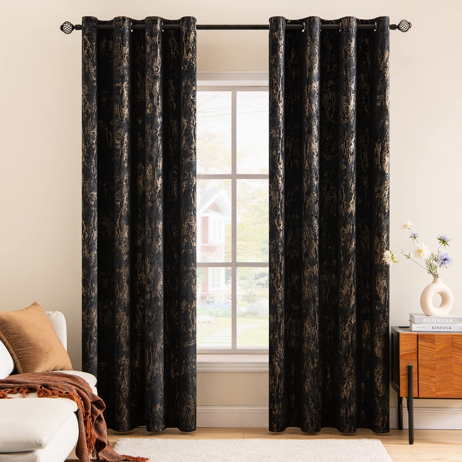 MIULEE Black Sparkle Velvet Curtains Bronzing Room Darkening Thermal Insulated Curtain Pair Eyelet Drapes for Windows Living Room Kids Bedroom 55" W x 57" L 140x145cm 2 Panels