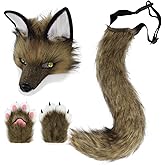 HAOAN Plush Faux Fur Therian Dog Wolf Mask Paw Gloves Fox Tail Set Halloween Cosplay Costume Accessories