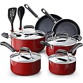 Cook N Home Pots and Pans Nonstick Cookware Set 12-Piece, Kitchen Cooking Set with Frying Pans and Saucepans, Induction Compatible, Marble Red