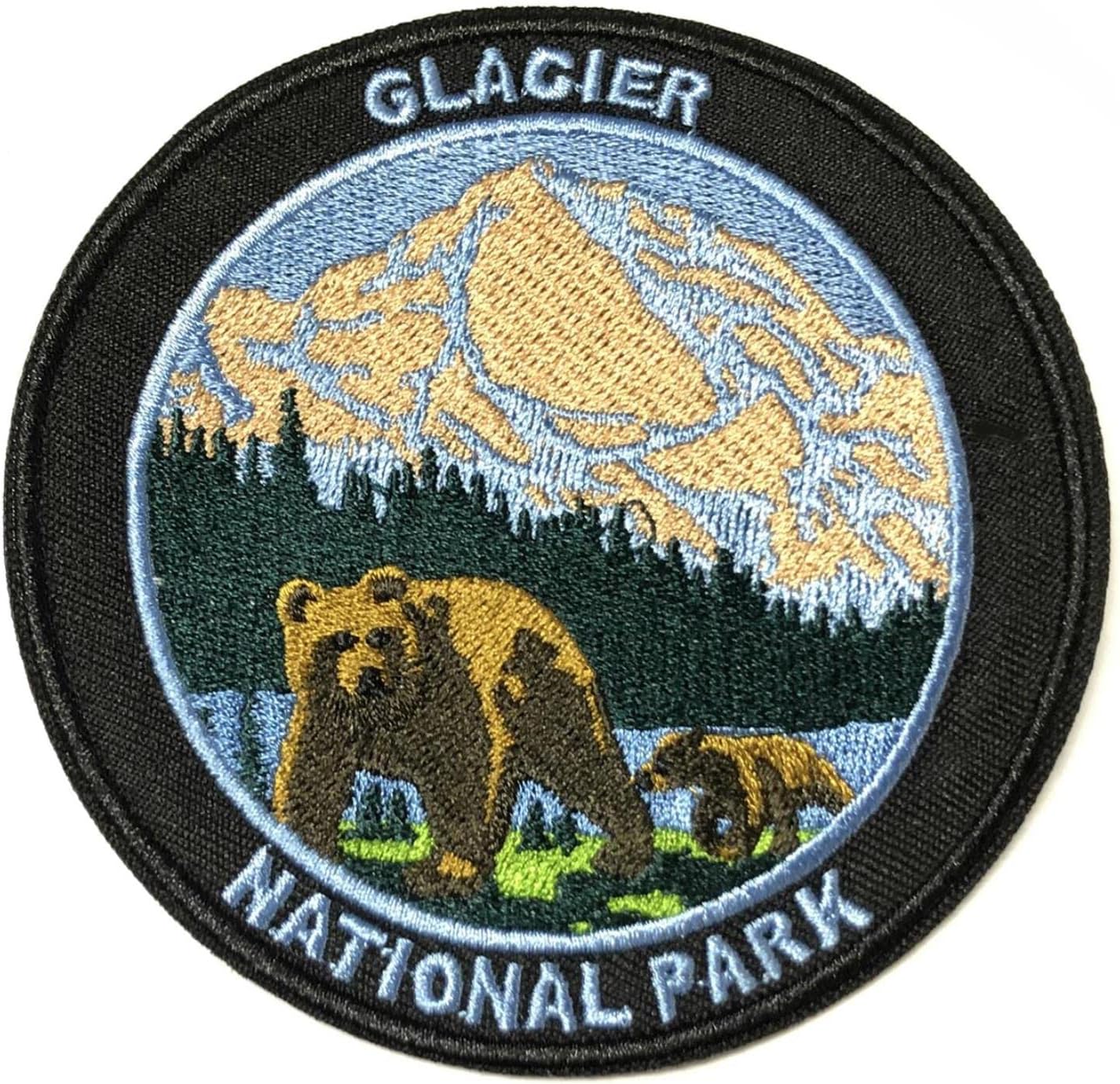 Mixed Media - Glacier National Park Patch Embroidered Iron-on/Sew-on Decorative Embroidery Applique Clothing Vest Jacket Premium Stitching Nature Wild Animals Forest Trees Hiking Trail Souvenir Badge Bears