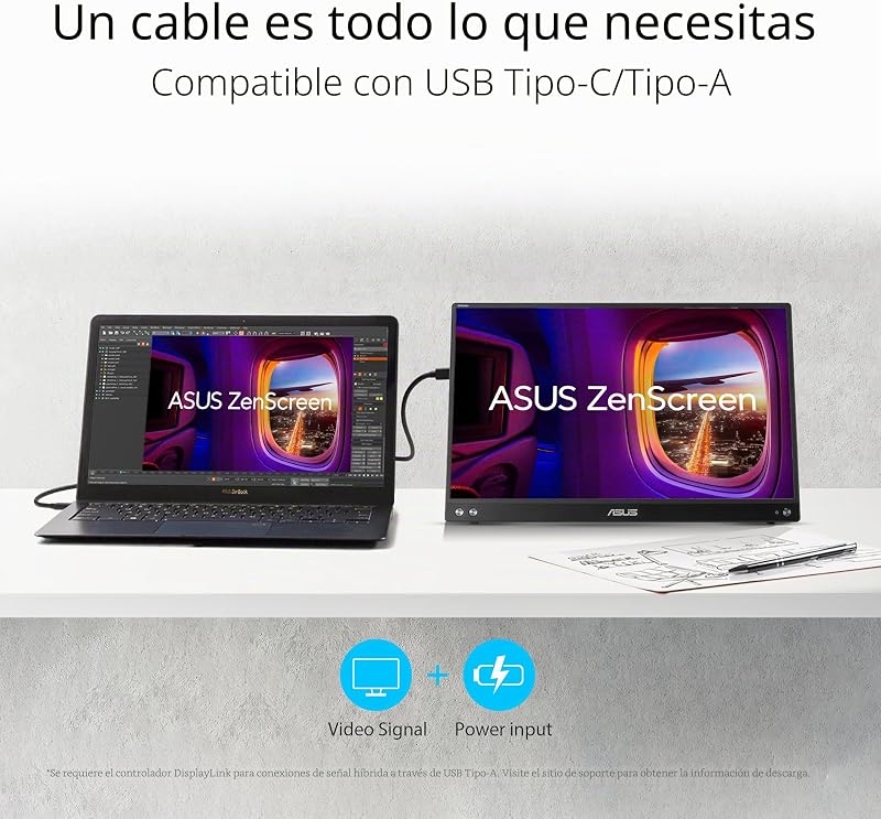 ZenScreen MB16ACV - Monitor portátil USB, 15,6", Full HD (IPS, Conectividad híbrida, USB de Tipo C, Antiparpadeo, Luz Azul de Baja Intensidad, Tratamiento Antibacteriano), 250cd/m², Negro