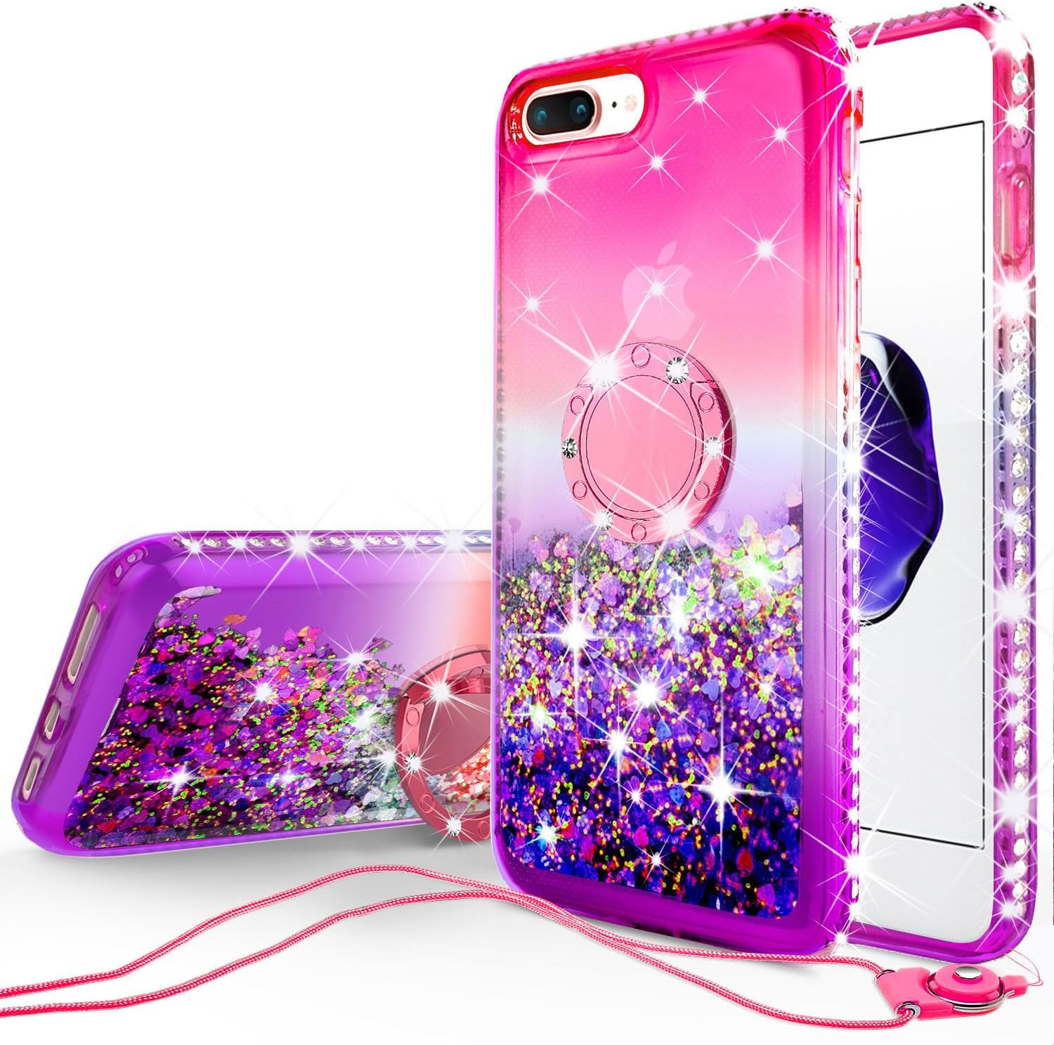 GW Cases for iPhone 8 Plus Case / iPhone 7 Plus Case Cute Ring Liquid Glitter Shock Proof Phone Case Bling Kickstand for Girls Women Compatible for Apple iPhone 7/8 Plus - Hot Pink/Purple