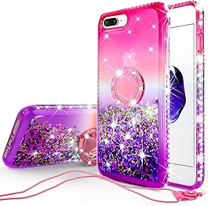 GW Cases for iPhone 8 Plus Case / iPhone 7 Plus Case Cute Ring Liquid Glitter Shock Proof Phone Case Bling Kickstand for Girls Women Compatible for Apple iPhone 7/8 Plus - Hot Pink/Purple
