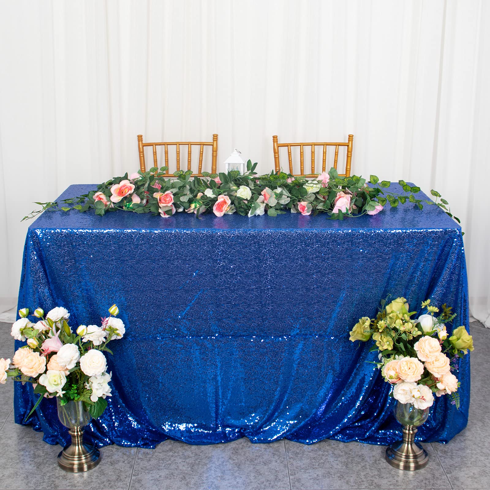 Photo 1 of ShinyBeauty Royal Blue Sequin Tablecloth 90x156-Inch Rectangle Table Cloth Glitter Tablecloths for Parties Shimmer Overlay 8 Foot Tables Sequins Table Cover