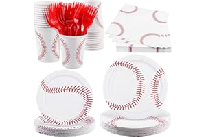 durony 144 Pieces Baseball Paper Plates and Napkins Dinnerware Set Baseball Birthday Party Tableware Supplies Includes Paper Plates Napkins Forks Serve 24 for Sports Baseballs Party Supplies