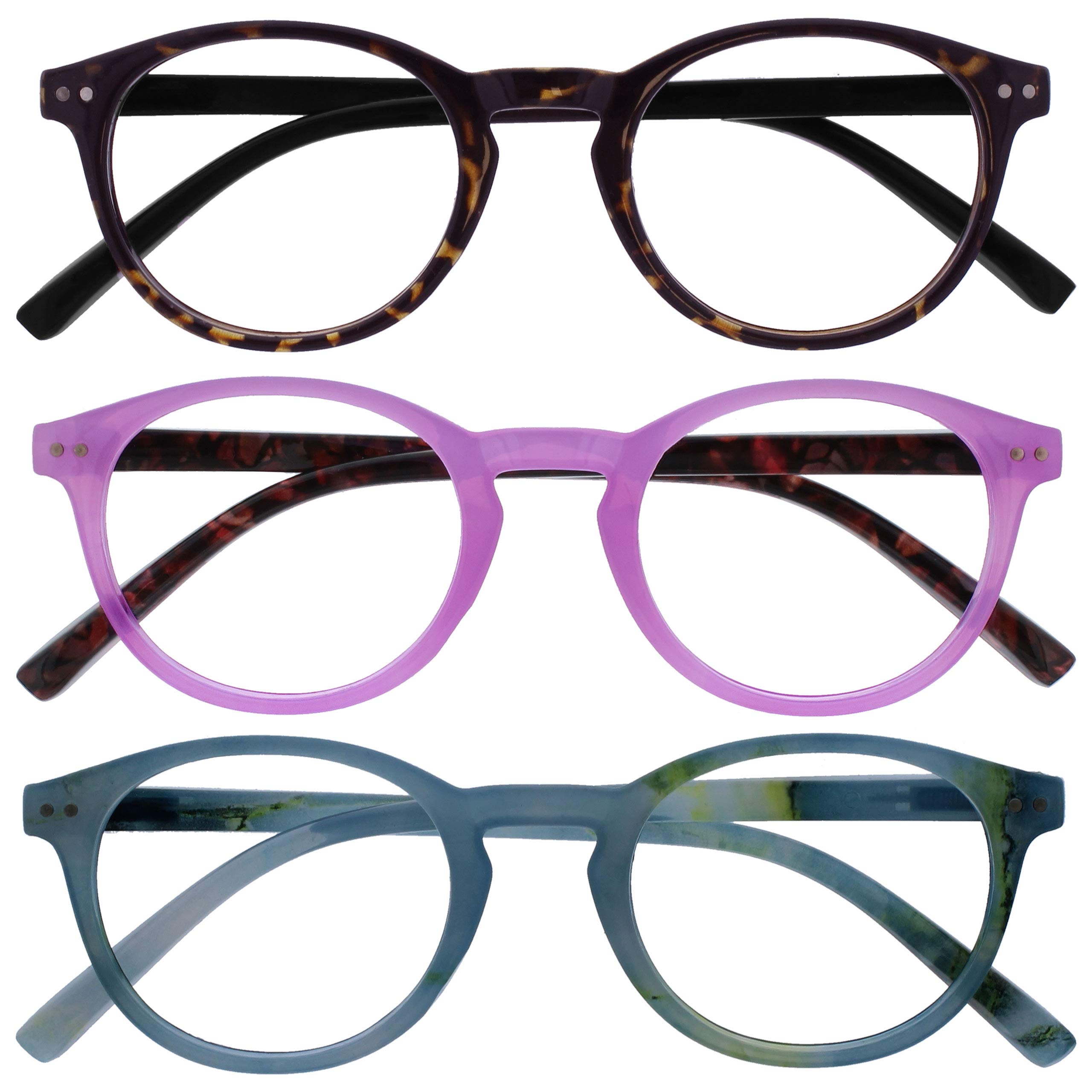 OPULIZE Zen Reading Glasses 3 Pack Cool Round Frame Spring Hinges Scratch Resistant Shiny Dark Brown Pink Turquoise Mens Womens RRR24-24Q +2.50
