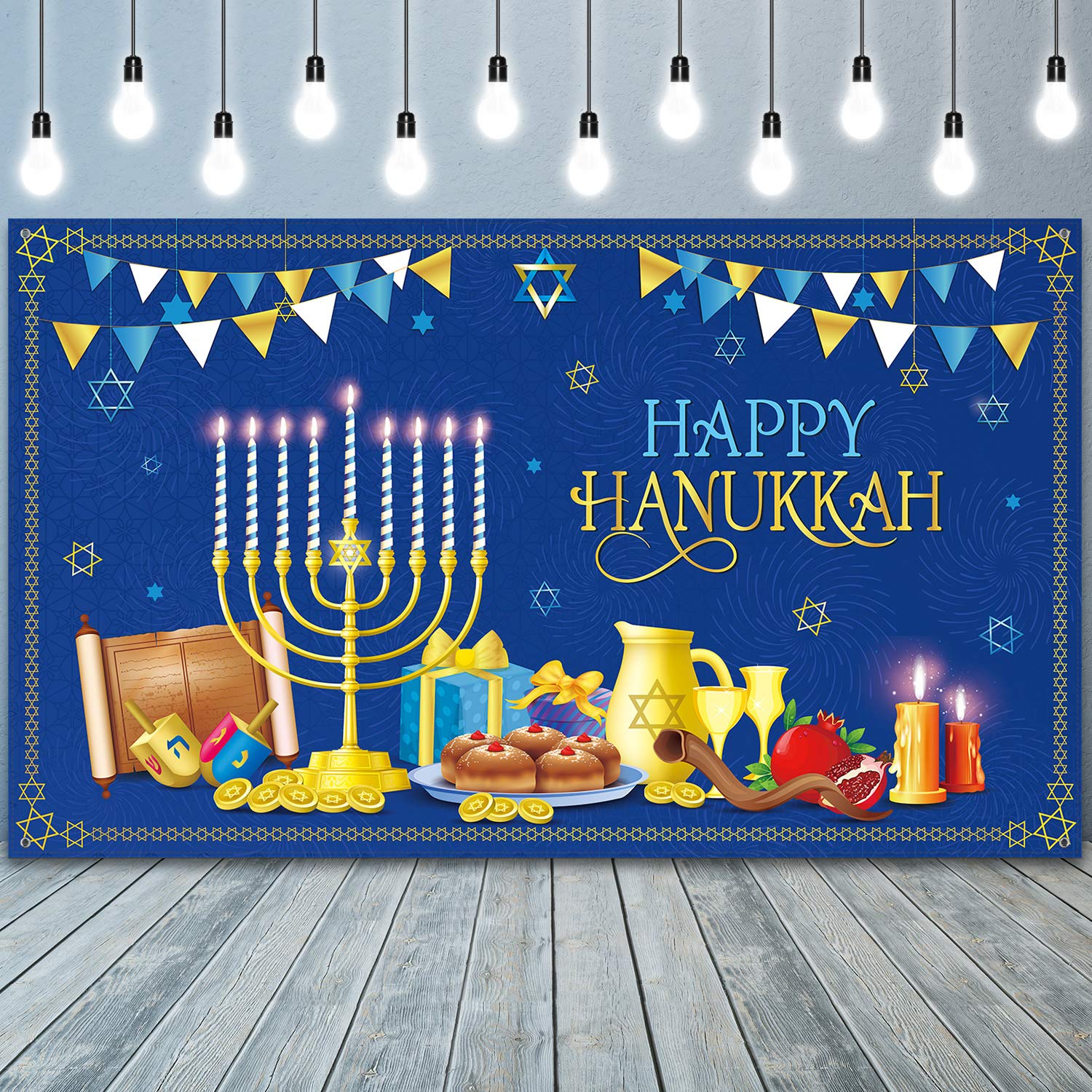 Blulu Hanukkah Decorations 2021, Blue and Gold Fabric Banner, Jewish Festival Party Background, Photo Booth Decor, 71 x 43 Inch, Included Components Backdrop and Rope