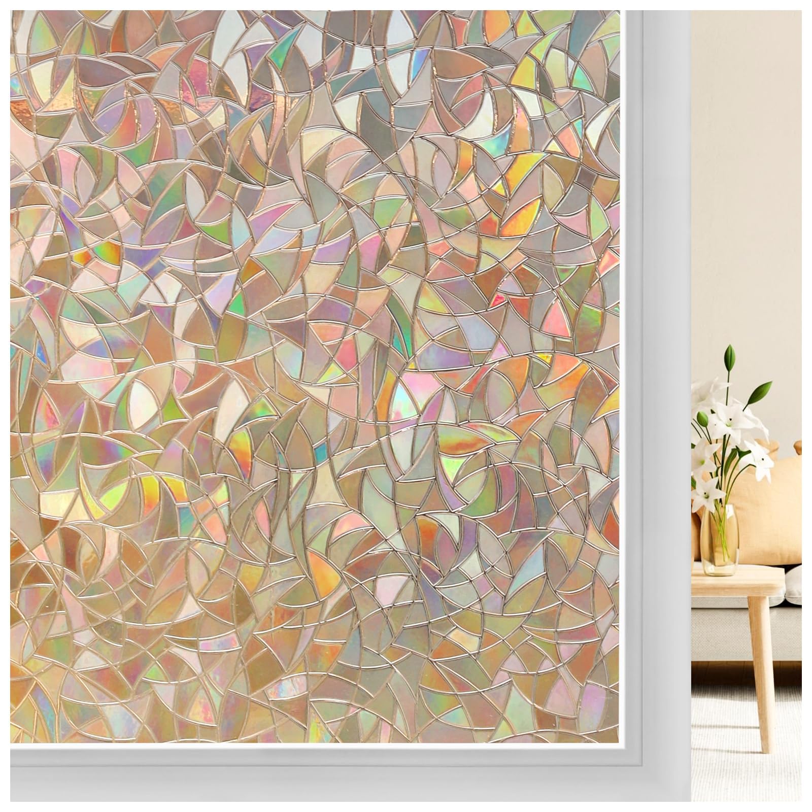 Photo 1 of rabbitgoo Window Privacy Film Rainbow Film Decorative Window Sticker, 3D Static Stained Glass Cling Tint for Home Heat Control Non-Adhesive, Brown, 17.5 x 157.4 inches