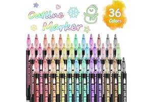 OUNIY Double Line Super Squiggles Glitter & Metallic Markers, 36 Colors - Self Outline Pens for Doodle Art, Greeting Cards & Crafts