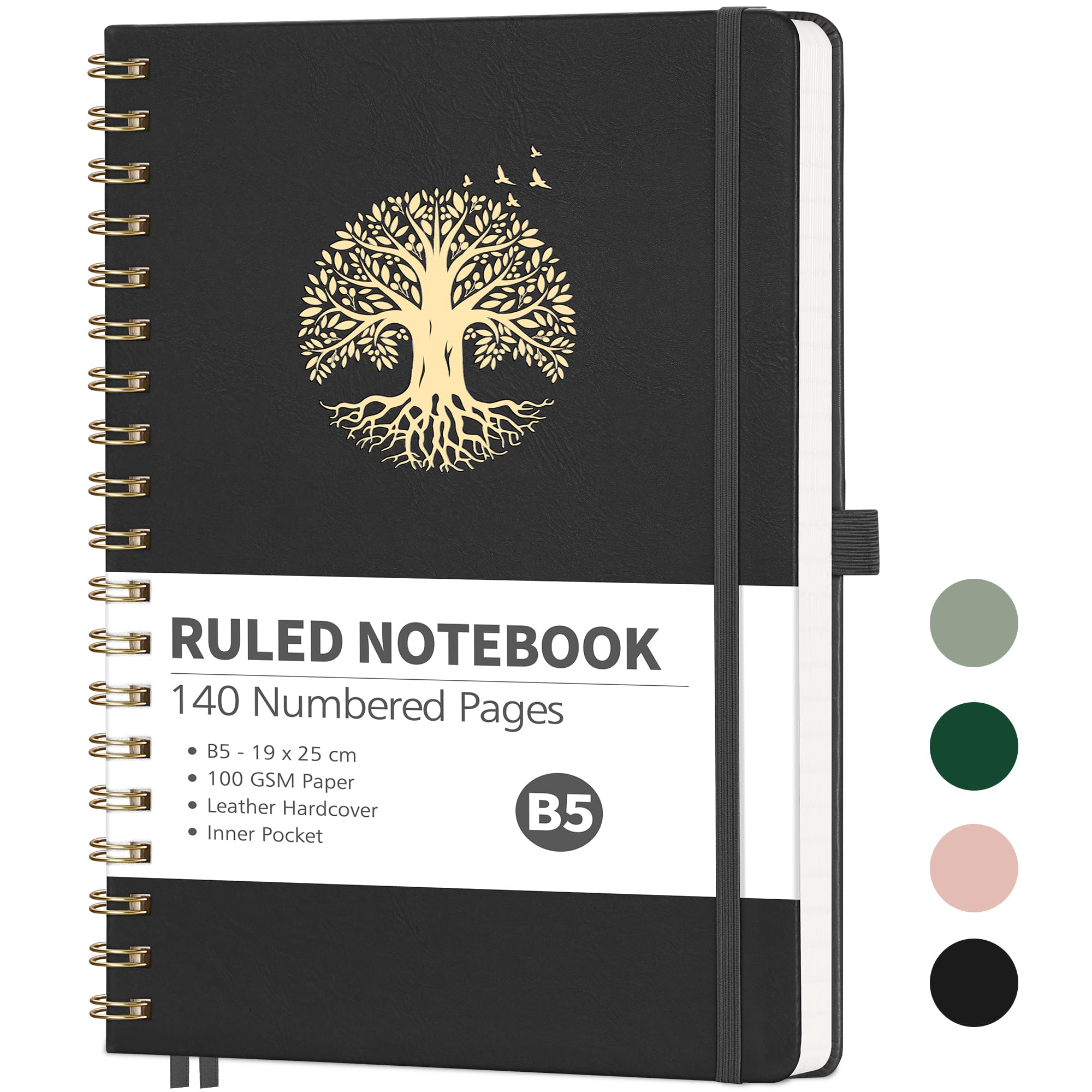 RETTACY Lined Journal Notebook-B5 Note Book Hardback,Notepad,Spiral Notebook 140 Numbered Pages for Women Men,100gsm Acid-free Paper,Sticky Notes,19 x 25 cm - Black