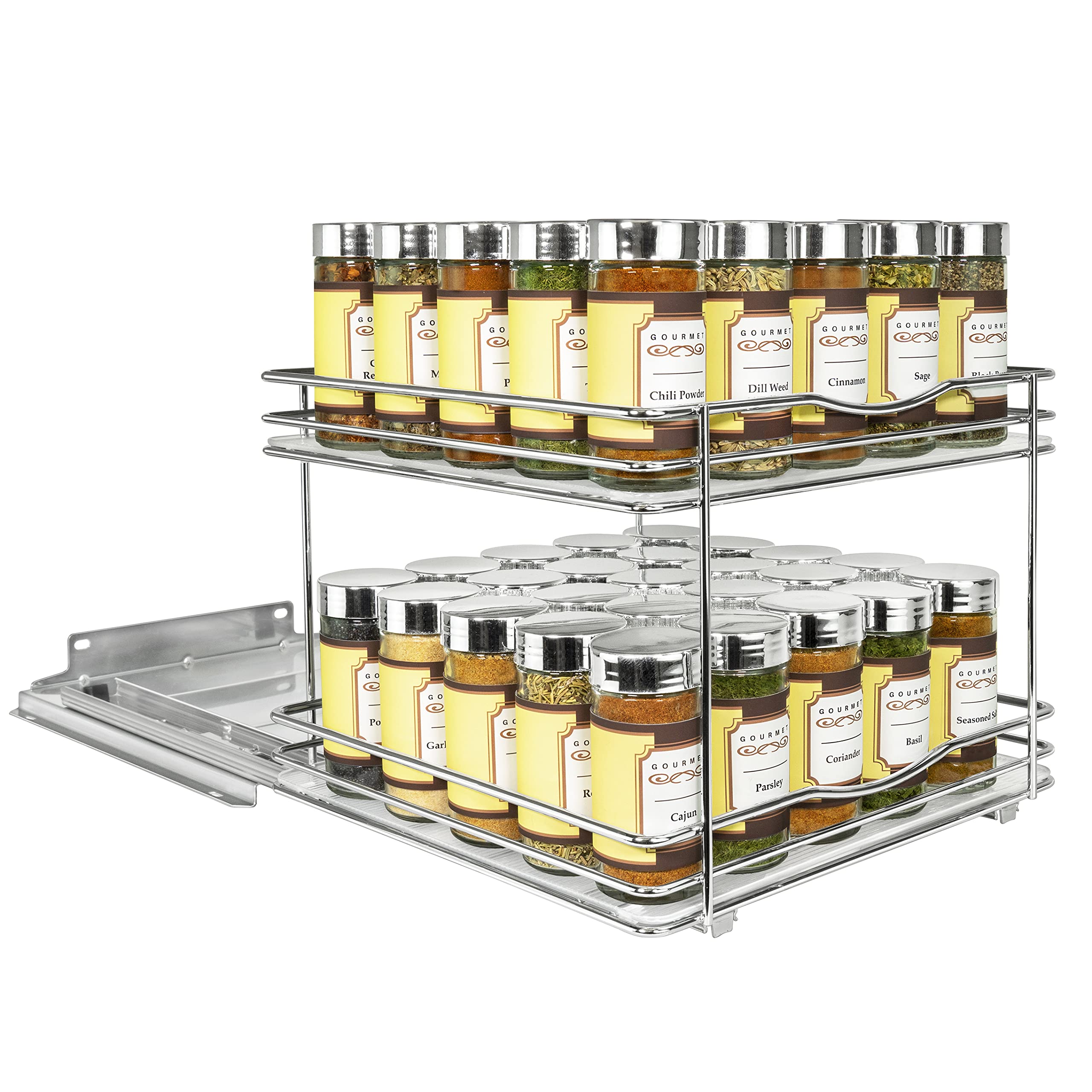 LYNK PROFESSIONAL® Pull Out Spice Rack Organizer for Inside Kitchen Cabinets - 10-3/8 inch Wide - Slide Out Drawer – Chrome Sliding Spice Cabinet Organization Shelf Racks - 2 Tier