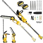 8" Pole Saw Cordless + 20" Pole Hedge Trimmer 4-in-1, Electric Mini Chainsaw/Hedge Trimmer with Extension Pole, 15Ft Max Reach for Tree Trimming and Shrubs Pruning, 2×3.0Ah Battery