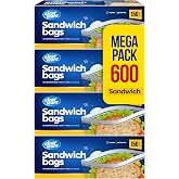 Sandwich Bags Zipper Top - 600 Count Resealable Plastic Food Storage Bags For Lunch, Snacks - Reusable Zipper Lock Containers for Fruit, Veggies - Freezer Safe, Strong Seal - 4 Boxes