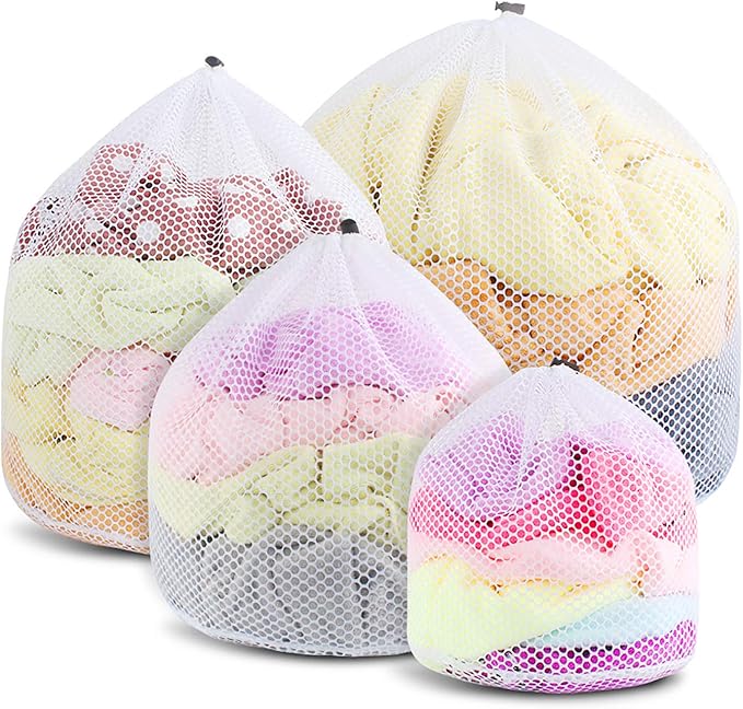 4PCS Mesh Laundry Bags Laundry Net Bag Drawstring Reusable Durable