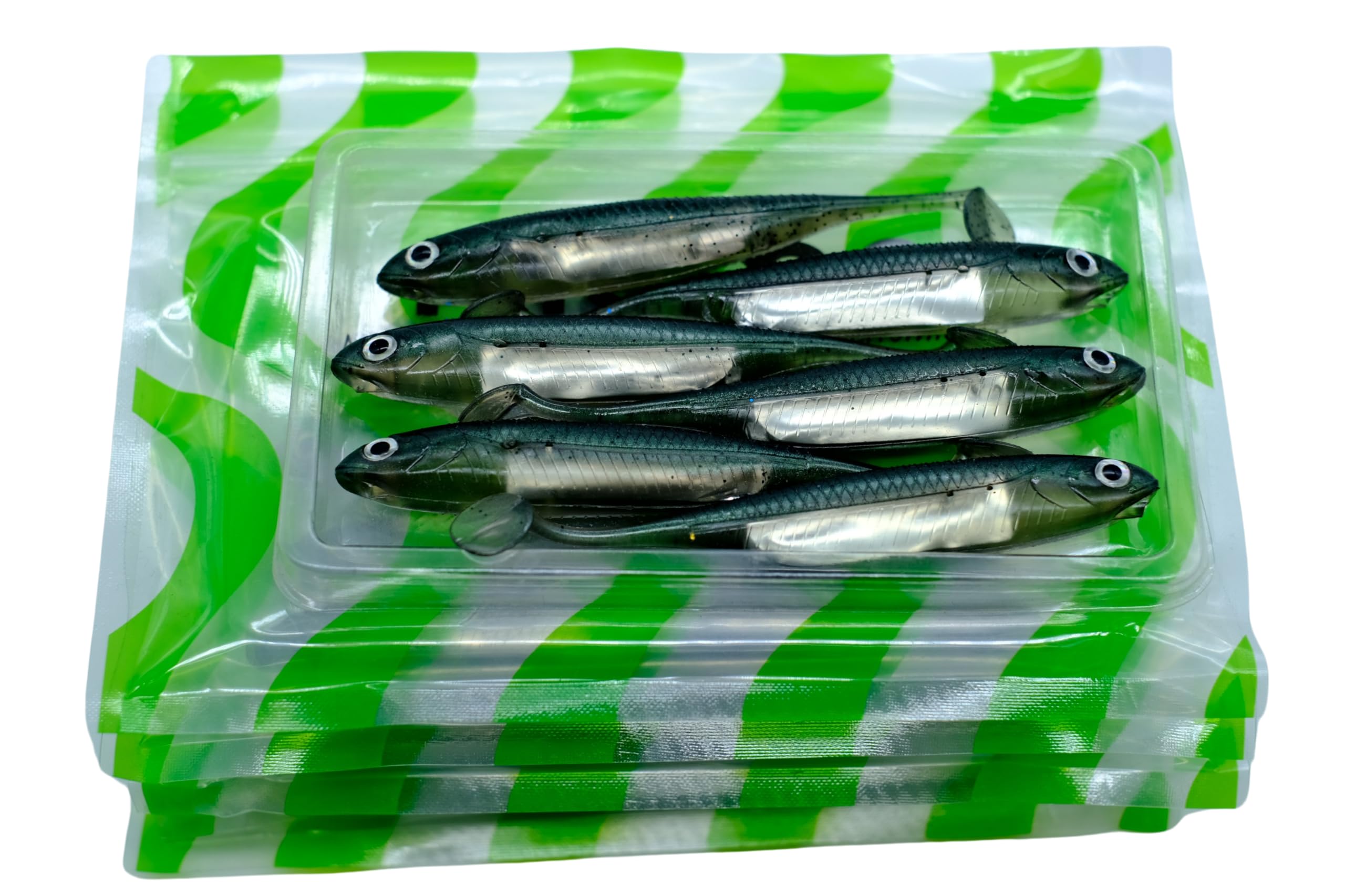 momolures Bass Lures Flashing Core Shad 4inch 5inch / Flash-J Shad Style for Pike Zander Sea fishing. (4inch - NEON GREEN x5packs) — image 1