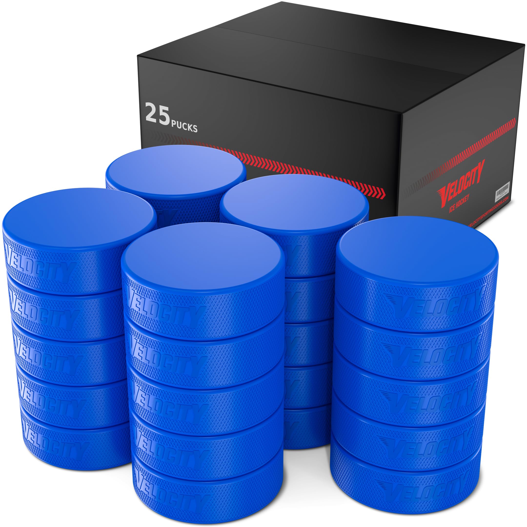 Photo 1 of Velocity Junior Lightweight 4oz Hockey Pucks, Durable Vulcanized Rubber Ice Hockey Pucks, Textured Grip for Better Control, Perfect for Beginners, Youth Training, and Skill Development Blue, 25 Pack