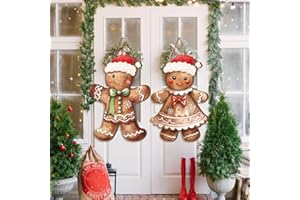 Shellwei 2 Pcs Gingerbread Christmas Decorations Christmas Wreath for Front Door Gingerbread Man Hanging Signs Rustic Wooden Welcome Signs Ginger Bread Decor for Home Porch Walls Yard Indoor Outdoor