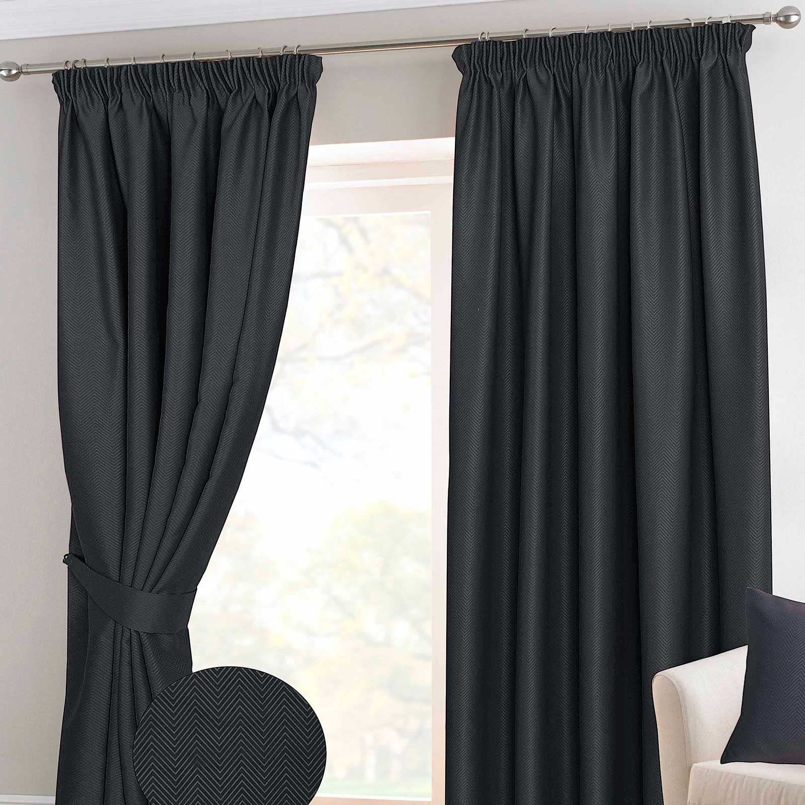 HOMESCAPES Black Pencil Pleat Blackout Thermal Curtain Pair Width 117cm (46") x 182cm (72") Drop Herringbone Chevron Textured Retro Geometric Design. FREE SWATCHES.