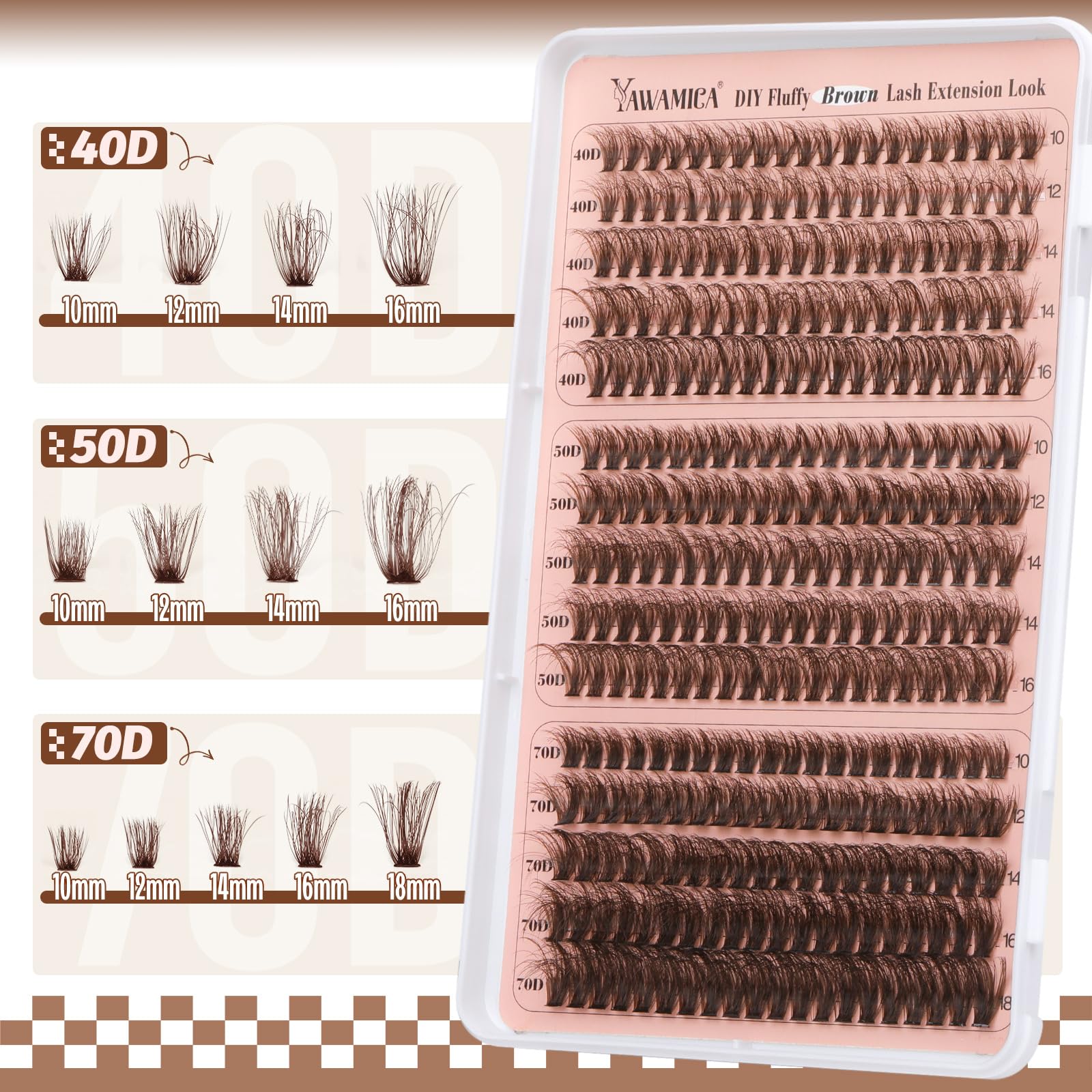 Yawamica Brown Lash Clusters Fluffier Eyelash Extension 10-16mm Individual Lashes D Curly Eyelash Clusters 40D+50D+70D Volume 300pcs Cluster Lashes Pestañas Pelo a Pelo DIY Lash Extension at Home