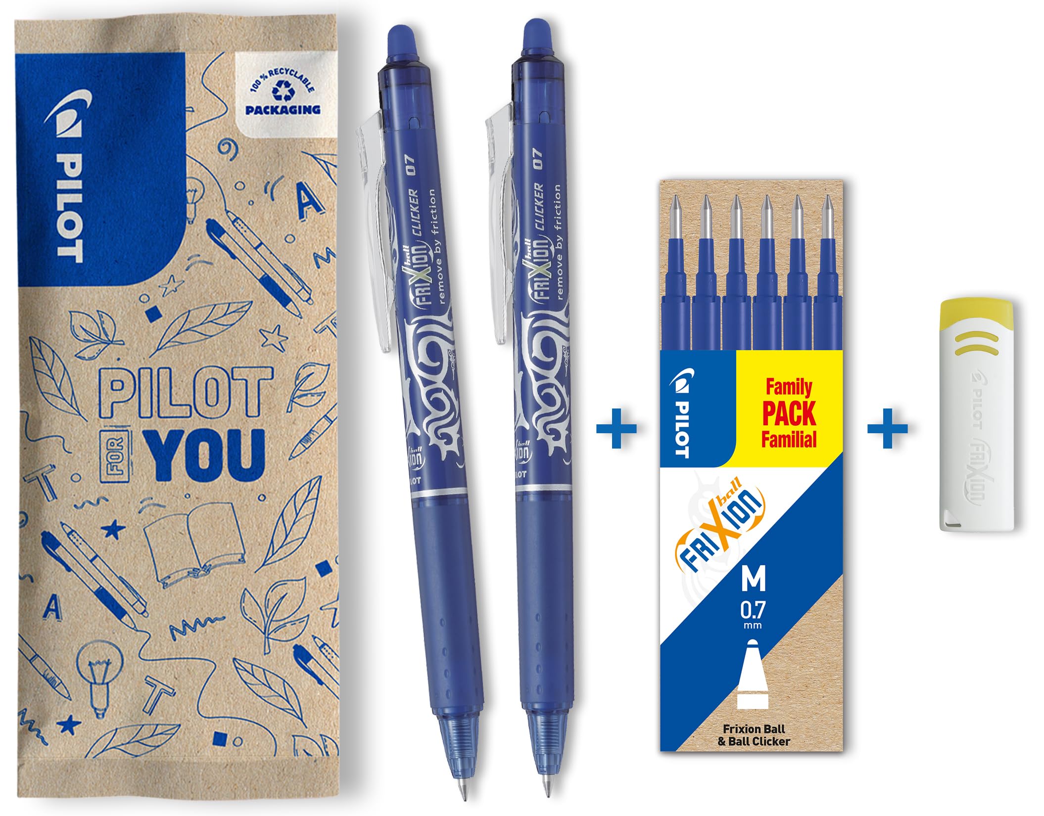 Pilot Spain Frixion Clicker - 1 set of 2 Frixion clicker + 6 refills + 1 rubber, Blue