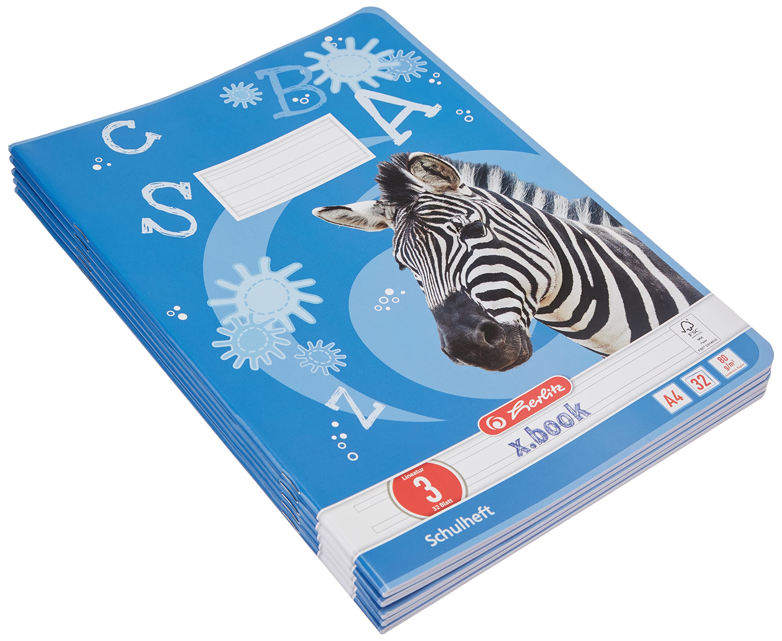 Herlitz 10767283 A4 32 Sheets Line Style 03, Motif Zebra, FSC Mixed Pack of 5)