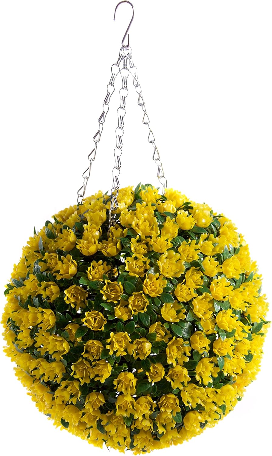 Best Artificial 28cm Yellow Rose Topiary Hanging Flower Ball **UV Fade