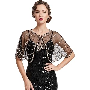 Zinniday 1920s Shawl Wraps for Women, Flapper Evening Cape Bridal Shawls with Sequin Beaded, Gatsby Accessories for Cosplay