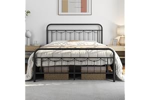 Yaheetech Queen Size Metal Bed Frames with Vintage Headboard and Footboard, Farmhouse Metal Platform Bed, Heavy Duty Steel Slat Support, Ample Under-Bed Storage, No Box Spring Needed, Black