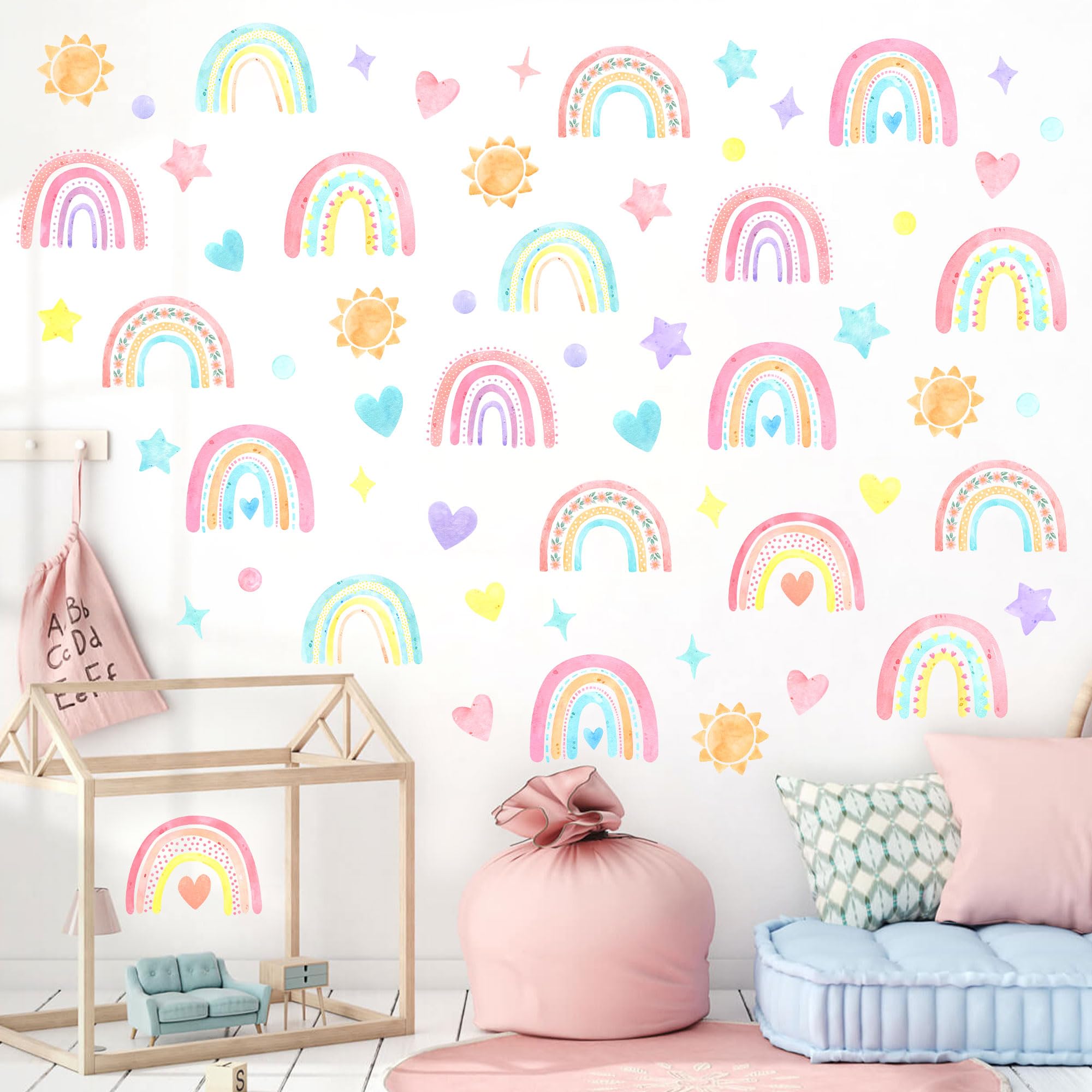 Boho Watercolor Rainbow Wall Stickers Polka Wall Decor Stickers Sun Star Heart Wall Art Stickers for Girls Bedrooms Living Room Decor Baby Nursery Home Office Sofa Decorations