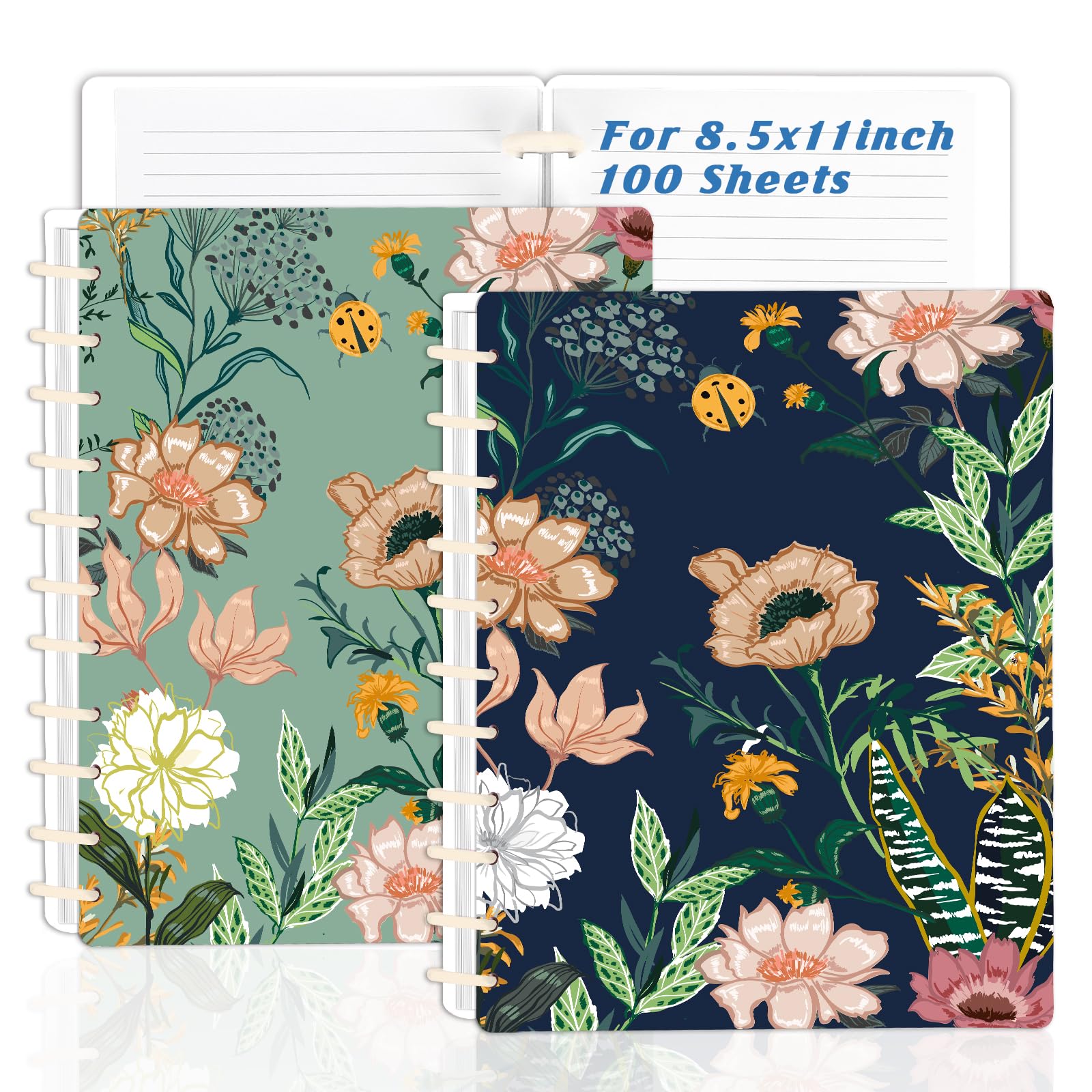 Photo 1 of 2 Pack Letter Size Discbound Notebook 8.5" x 11" Floral Customizable discbound journal 200 Pages per Notebook discbound subject notebooks for Office School (Blue&Green)