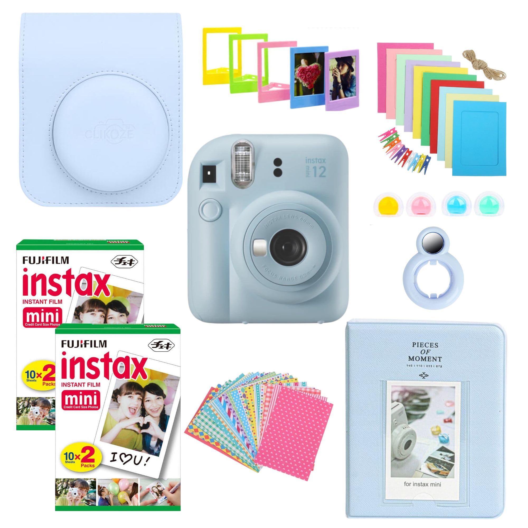 Clikoze Instant Camera Bundle with Fujifilm Mini 12 Pastel Blue Camera, Fujifilm 40 Shot Mini Film, Clikoze Mini 12 Case, Mini Album Book, Film Stickers, Colour Filters and Accessories