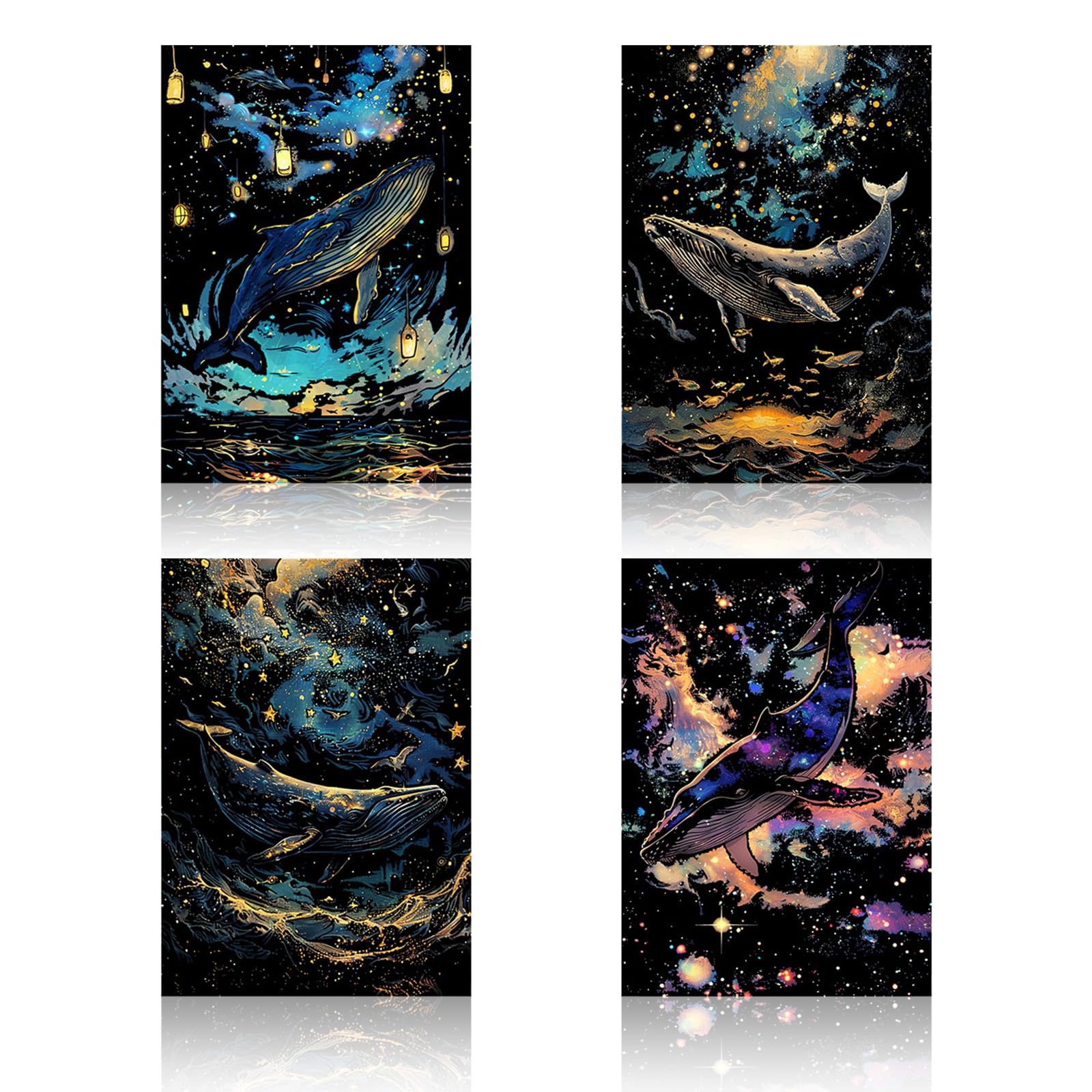 4 Pcs Rainbow Scratch Art, Whale Series Painting Sketch for Adults and Kids with Glow Effect, Color Scratch Paper Set for Stress Relief & Creativity, DIY Art & Craft Drawing (Whale)