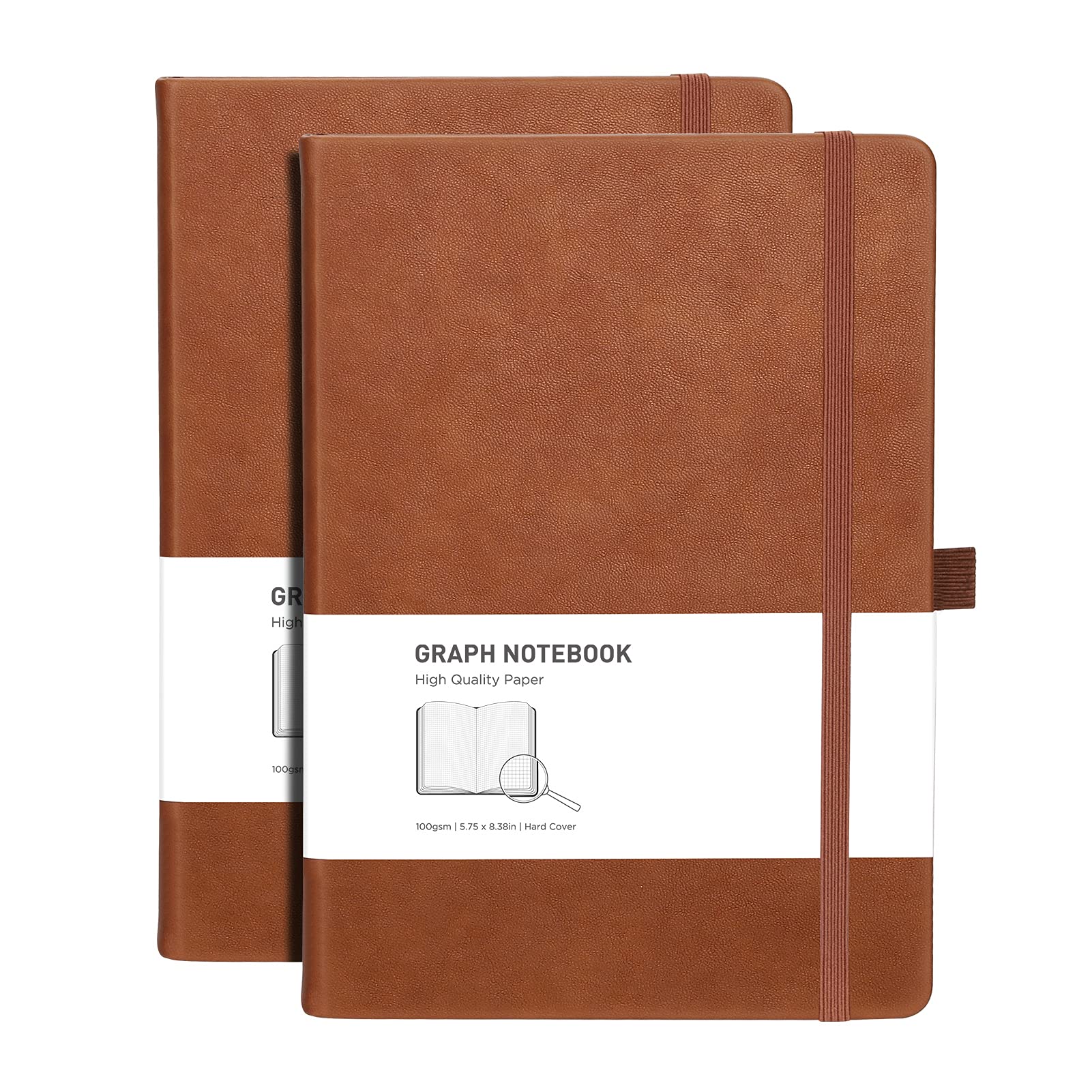 RETTACY Graph Paper Notebook 2 Pack - Graph Grid Paper Notebook with 192 Pages per Pack, Notebooks for Work, School, 100 GSM Premium Acid-Free Paper, Leather Hardcover, 5.7'' × 8.3'' (Brown & Brown)