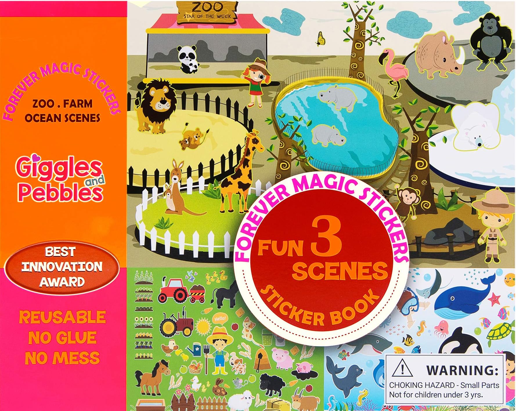 Giggles & Pebbles Educational Sticker Pad Book - Reusable & Non-Adhesive Stickers with Farm, Zoo, Ocean Animals, Orange Red