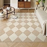 Beeiva Checkered Print 5x7 Washable Area Rugs for Bedroom, Non Slip Ultra Thin Beige Rugs for Living Room, Geometric Plaid Dorm Decor Soft Low Pile Carpet for Office Kids Room Classroom