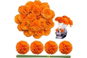 Gusaloo Marigold Flower Heads 50Pcs, Mexican Marigold Artificial Flowers for Day of The Dead Diwali Home DIY Garland Craft Wedding Mexican Party Decoration Halloween Dia De Los Muertos Decor(Orange)