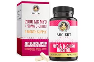 Ancient Bliss Myo & D-Chiro Inositol Supplement, 40 to 1 Ratio, Helps in Ovarian Function Support for Women, Vitamin B8 Helps to Regulate Menstrual Cycle, 2050mg per Serving, 120 Vegan Capsules