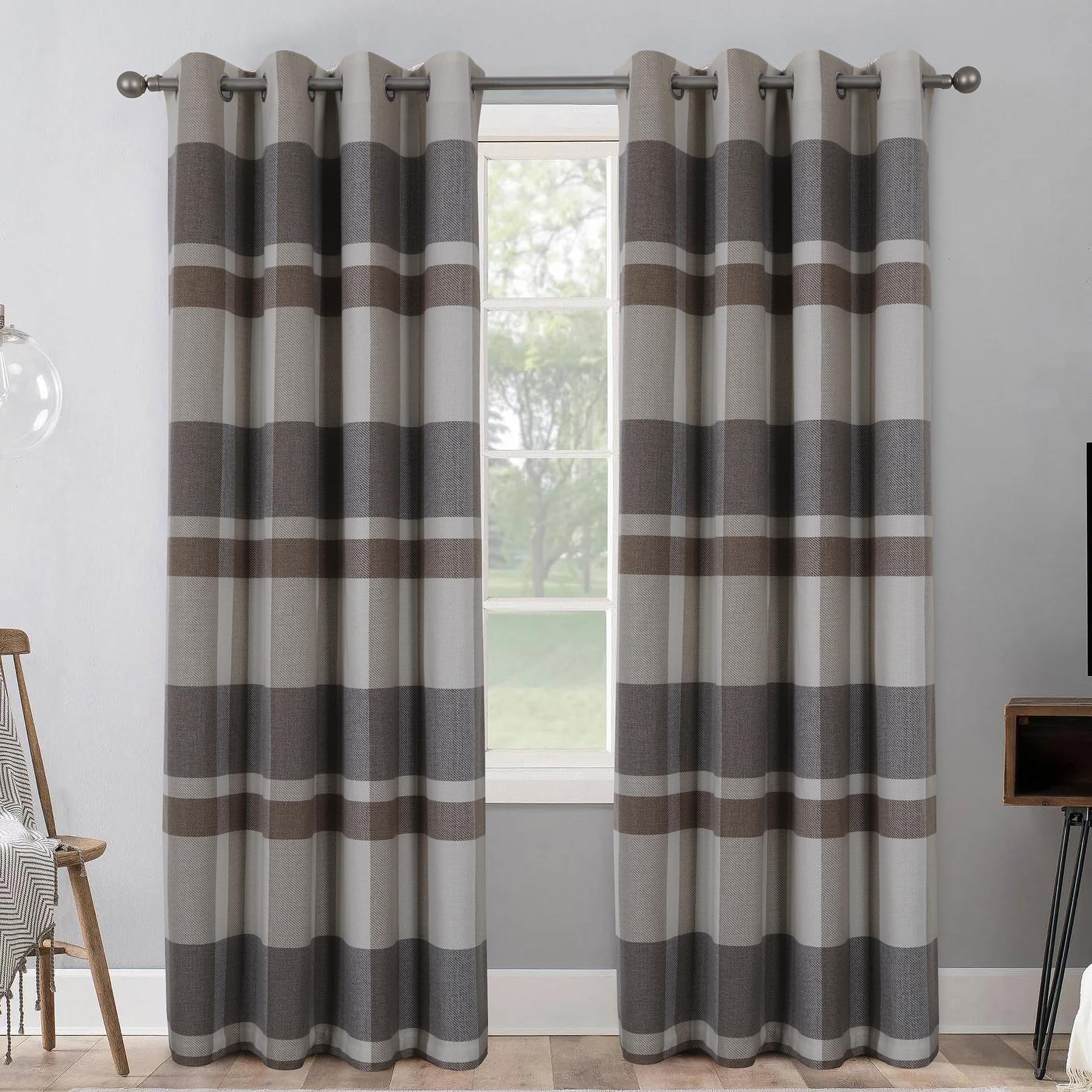 always4u 100% Blackout Curtains Check Eyelet Bedroom Tartan Curtain Plaid Woven Brushed Cheque Pair of Highland Woolen Look Window Treatment for Living Room Grey And Beige 46 * 72 Inches